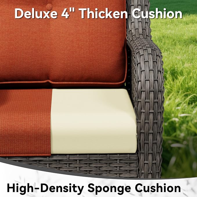 3-Piece Outdoor Couch Set, 1 Wicker Patio Loveseat with Thickened Olefin Cushions, High Back and Deep Seating, Hand-Woven PE Rattan and 2 Ottomans, Patio Conversation Set for Porch, Deck