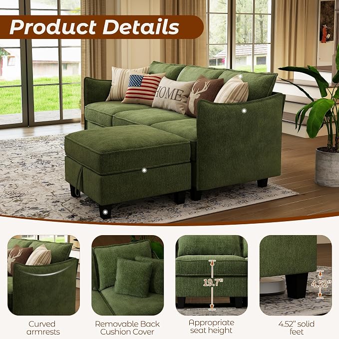 WorthFurni Modular Sectional Sofa L Shape Couches with Storage Ottoman and Washable Cushion Cover for Living Room, Apartment, Bedroom(Green)