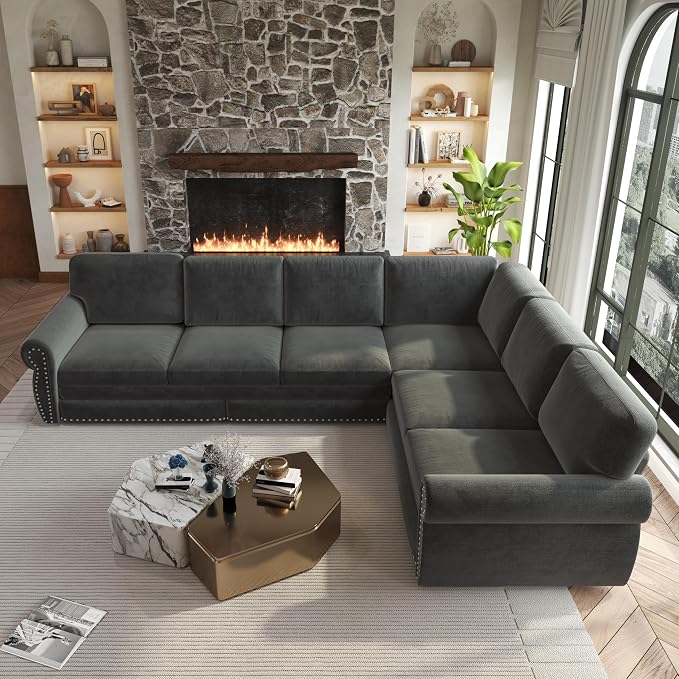 118" L-Shaped Sleeper Couch Bed - Oversize Convertible with Pull-Out Sofa Bed, Button Tufted Chesterfield Sofa, Chenille Sectional Vintage Couches for Living Room/Apartment(6-Seater, Dark Grey)