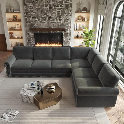 118" L-Shaped Sleeper Couch Bed - Oversize Convertible with Pull-Out Sofa Bed, Button Tufted Chesterfield Sofa, Chenille Sectional Vintage Couches for Living Room/Apartment(6-Seater, Dark Grey)