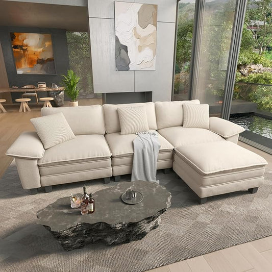 HERA'S HOUSE 124" Modular Sectional Sofa, Oversized L Shaped Couches for Living Room, Comfy Cloud Couch with Ottoman, 4-Seater Deep Seat Sofa with Throw Pillow, Chenille Beige