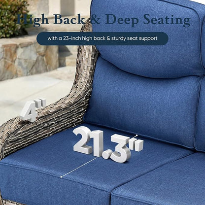 Belord Luxury 6" Thick Cushioned PE Wicker 3-Seater Outdoor Couch, All-Weather Comfortable Modern Patio Sofa, High Back Deep Seat Woven Outdoor Furniture for Porch Balcony, Lawn, Deck - Greyblue