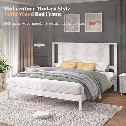 AMERLIFE Solid Wood King Size Bed Frame with Headboard, Mid Century Modern Style Platform Bed with Under-Bed Storage, No Box Spring Needed, Noise Free, Easy Assembly, Antique White