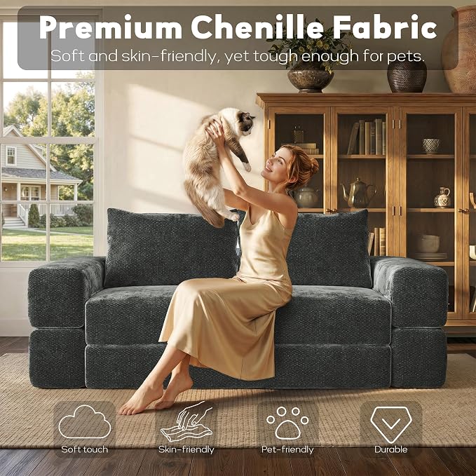 75'' Folding Convertible Sofa Bed with Large Pillow, 4-in-1 Foldable Pull Out Futon Sofa Bed, Chenille Boneless Mattress Couch, No Assembly Floor Sleeper Sofa Bed for Living Room/Bedroom, Dark Gray