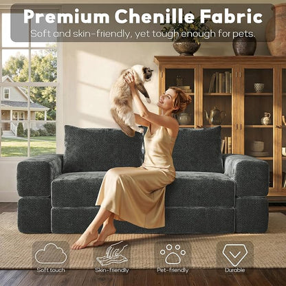 75'' Folding Convertible Sofa Bed with Large Pillow, 4-in-1 Foldable Pull Out Futon Sofa Bed, Chenille Boneless Mattress Couch, No Assembly Floor Sleeper Sofa Bed for Living Room/Bedroom, Dark Gray