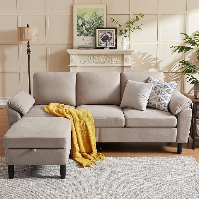 80" Convertible Sectional Sofa, Modern Linen Small L Shaped Couch with Reversible Chaise and Storage Ottoman, 3-Seat Sofa Couches for Living Room, Office, Apartment, Beige