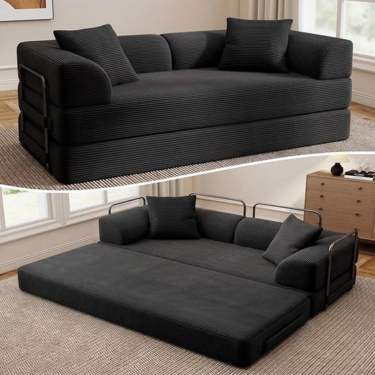 Cloud Boneless Convertible Sofa Bed, 5-in-1 Foldable Compressed High-Density Sponge Sofa, 70" Corduroy Fabric 2 Seater Sleeper Couch Futon Daybed for Living Room Bedroom (Black)