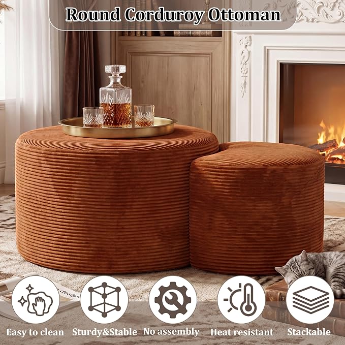 BSHOMGI Nesting Coffee Table Set of 2,Corduroy Ottoman Soft Foot Rest Movable LargePouf Footstool for Living Room Sofa Couch Bedroom Entryway and Small Spaces No Assembly (Orange, 32"+17")