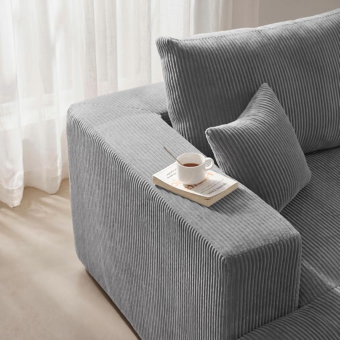 Modular Sectional Sofa, 115" Memory Foam Cloud 3-Seater Boneless Couch, Cozy Upholstered Corduroy Frameless Sofa, No Assembly Required Extra Wide Seating for Living Room & Apartment, Grey