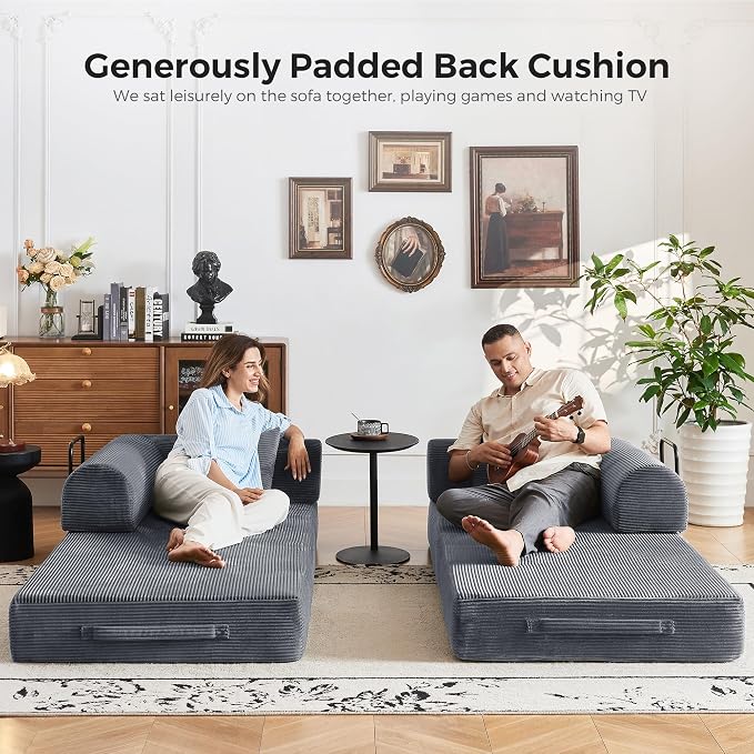 79" 5-in-1 Convertible Sofa Bed No Assembly, Boneless Couch Bed with High Density Foam, Foldable Sleeper Sofa, Corduroy Modular Couch for Apartment, Studio, Dorm Room, Small Space, Dark Gray