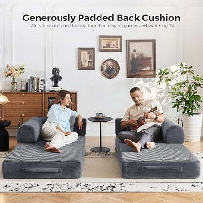 79" 5-in-1 Convertible Sofa Bed No Assembly, Boneless Couch Bed with High Density Foam, Foldable Sleeper Sofa, Corduroy Modular Couch for Apartment, Studio, Dorm Room, Small Space, Dark Gray