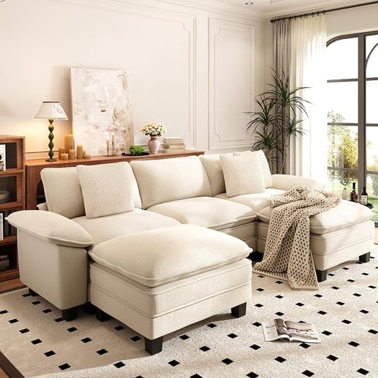 PHI VILLA Cloud Modular Couch Sets, 123.6" Oversized Sectional Sofa with U-Shaped Chaise, 5-Seater Couches with 2 Movable Ottomans for Living Room, Chenille Beige
