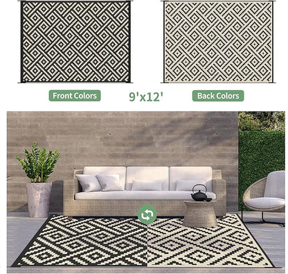 GENIMO Outdoor Rug for Patio Clearance,9'x12' Waterproof Large Mat,Reversible Plastic Camping Rugs,Rv,Porch,Deck,Camper,Balcony,Backyard (Black & Beige)