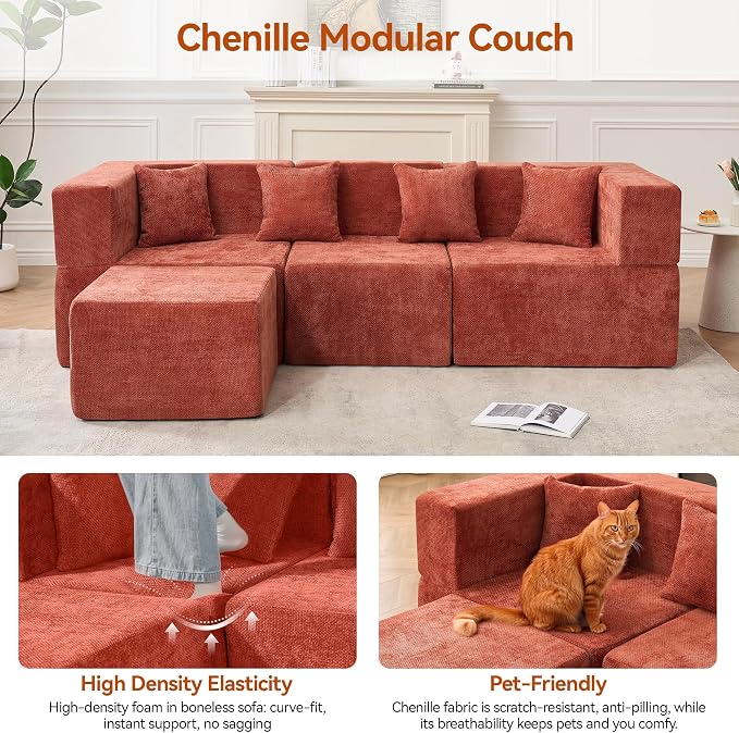 MONVANE 103'' Modular Sectional Sofa, Cloud Sectional Couch with Ottoman, Convertible Chenille L Shaped Couch with Deep Seat, Sectional Couches for Living Room Bedroom, No Assembly Required, Rust Red