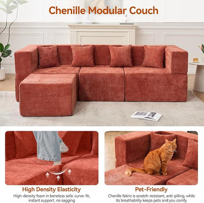 MONVANE 103'' Modular Sectional Sofa, Cloud Sectional Couch with Ottoman, Convertible Chenille L Shaped Couch with Deep Seat, Sectional Couches for Living Room Bedroom, No Assembly Required, Rust Red