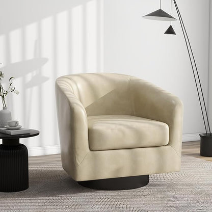 Swivel Barrel Accent Chair, Modern Round Faux Leather Arm Chair for Living Room, Bedroom, Comfy Club Reading Chairs for Adults(Faux Leather, Cream, Set of 1)