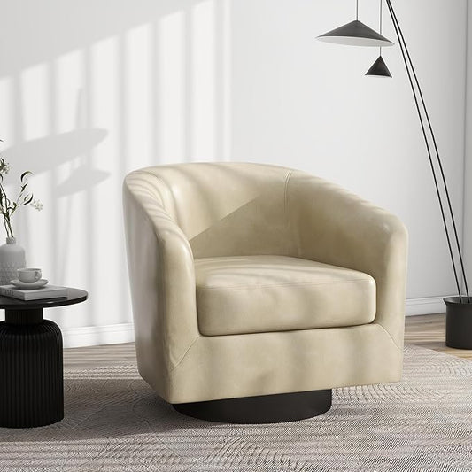 Swivel Barrel Accent Chair, Modern Round Faux Leather Arm Chair for Living Room, Bedroom, Comfy Club Reading Chairs for Adults(Faux Leather, Cream, Set of 1)