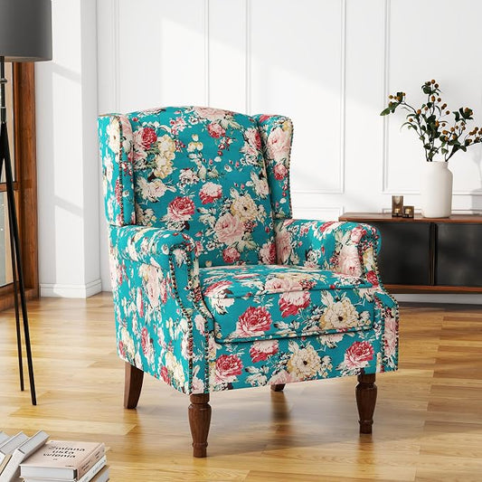 High Back Floral Accent Chair, Upholstered Armchair in Fabric, Retro Printed Wingback Arm Chair for Living Room, Nailhead Trim Single Sofa Bedroom Reading Seat - Peacock Blue