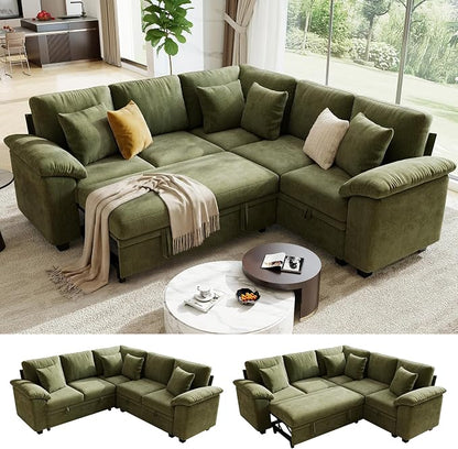 Sectional Sleeper Sofa with Pull Out Bed, 86" L Shaped 5 Seat Couch with 151L Storage, Convertible Cloud Couch Bed, Modular Sectional Couches for Living Room, Apartment (Green)