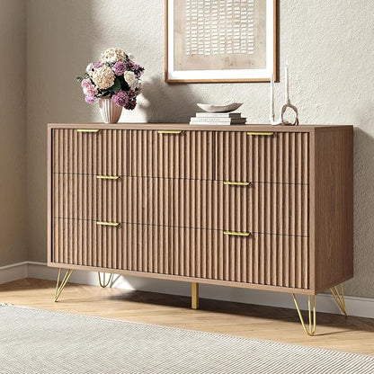 Fluted 7 Drawers Dresser for Bedroom, Wood Dressers with Scratch-Proof Golden Handles, Natural Curved Profile, Modern Chest for Living Room, Hallway, Entryway, Natural Oak