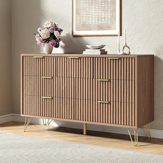 Fluted 7 Drawers Dresser for Bedroom, Wood Dressers with Scratch-Proof Golden Handles, Natural Curved Profile, Modern Chest for Living Room, Hallway, Entryway, Natural Oak