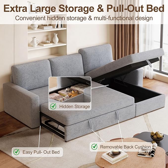 81" Convertible L-Shaped Pull Out Sectional Sleeper Sofa Bed, Light Gray | Storage Chaise, Pull Out Sectional Couch, Removable Cushions, Chenille Fabric, For Small Apartment & Living Room