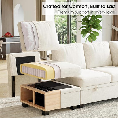 Modular Sectional Sleeper Sofa Bed, 86" Convertible Cloud Couch Bed, L Shaped 4 Seat Pull Out Couch with Storage Ottoman, Sectional Couches for Living Room, Apartment (Beige)