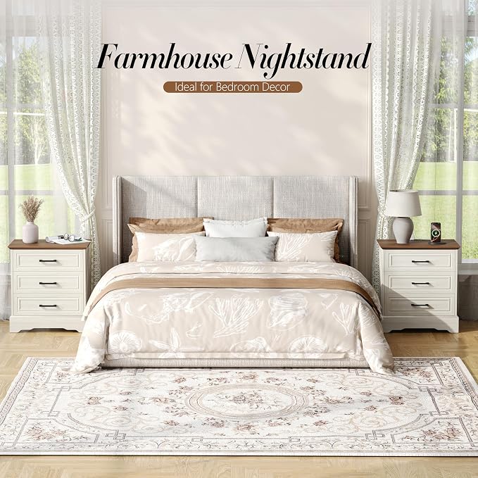 Akxomel Farmhouse Nightstand with Charging Station, 22" Wide Bedside Table with 3 Large Drawers & Bar Handles, Side End Table with Stable Support Base, for Bedroom, Off White