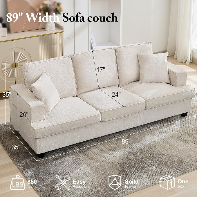 Korser 89" Couches for Living Room with Deep Seats, 3 Seater Sofa Couch, Mid Century Modern Chenille Sofa with Armrests, Upholstered Comfy Sofas for Living Room, Bedroom, Apartment, Office (Beige)
