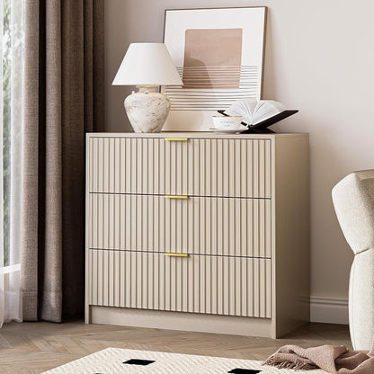 MAISONARIA 3-Piece Dresser Bedroom Set, 9 Drawer Dresser & 3 Drawer Nightstands with Gold Handles, Fluted Wood Chest of Drawers for Bedroom, Living Room, Entryway, Beige