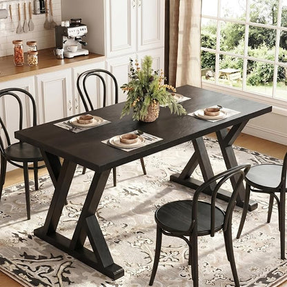 Solid Wood Dining Table for 4-6 People, 63 Inches Wooden Farmhouse Rectangular Kitchen Dinner Table with Heavy-Duty Legs for Home, Living Room, Dining Room, Black