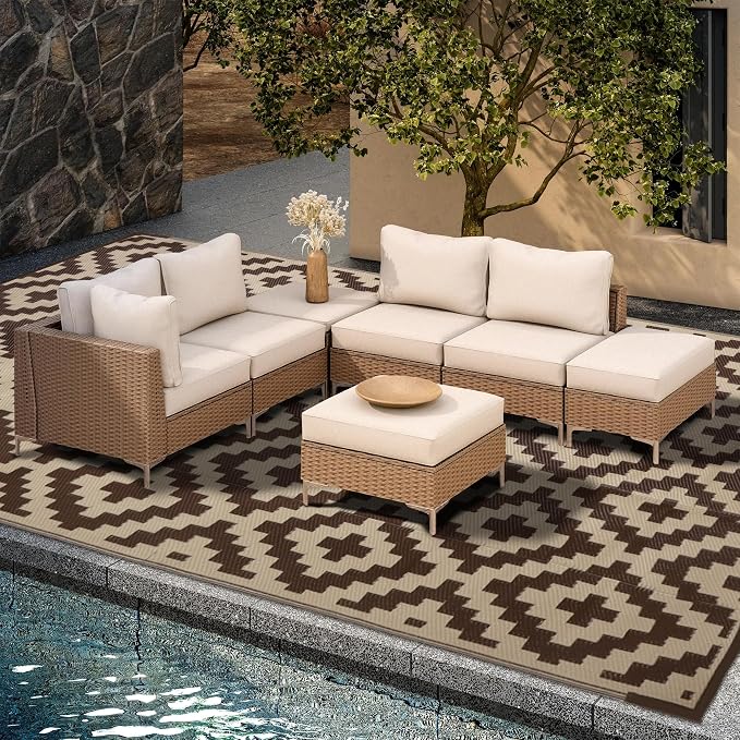SAND MINE Reversible Mats, Plastic Straw Rug, Modern Area Rug, Large Floor Mat and Rug for Outdoors, RV, Patio, Backyard, Deck, Picnic, Beach, Trailer, Camping (6' x 9', Brown & Beige)