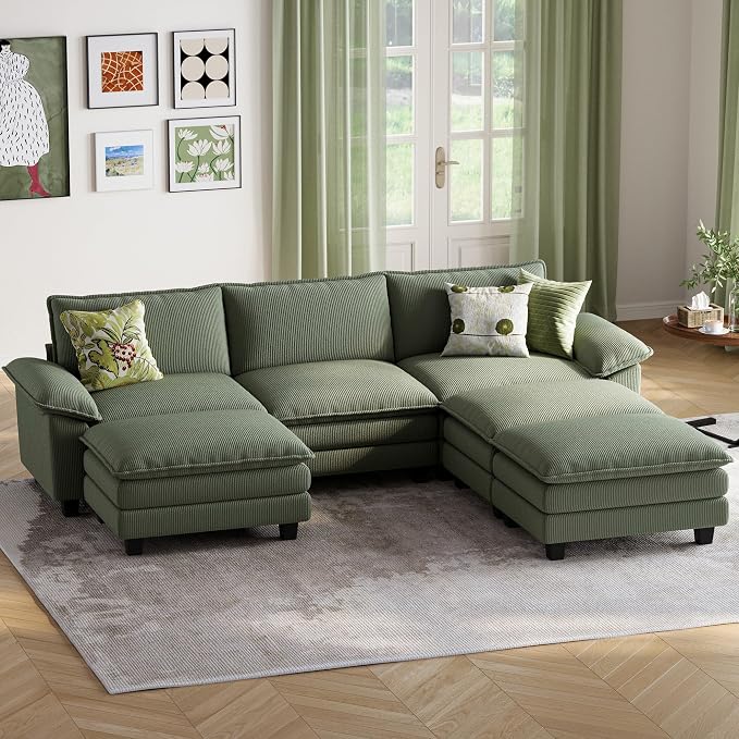 LINSY HOME 123'' Modular Sectional Sofa 3 Seat Couch Corduroy Cloud Couch with Deep Seat, Modern Cloud Couch with 3 Movable Ottoman for Living Room, Office, Bedroom, Green