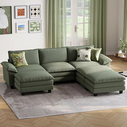 LINSY HOME 123'' Modular Sectional Sofa 3 Seat Couch Corduroy Cloud Couch with Deep Seat, Modern Cloud Couch with 3 Movable Ottoman for Living Room, Office, Bedroom, Green