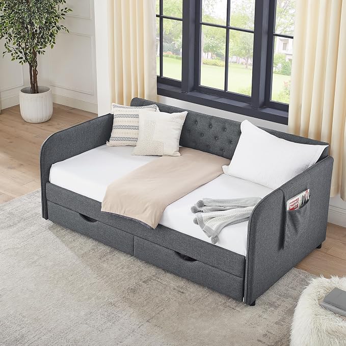 KEIKI Twin Size Upholstery Daybed with Trundle and 2 Drawers, Twin to King Design Mid-Century Style Extendable Sofa Bed, Easy Assembly, No Box Spring Required, for Living Room, Dark Grey