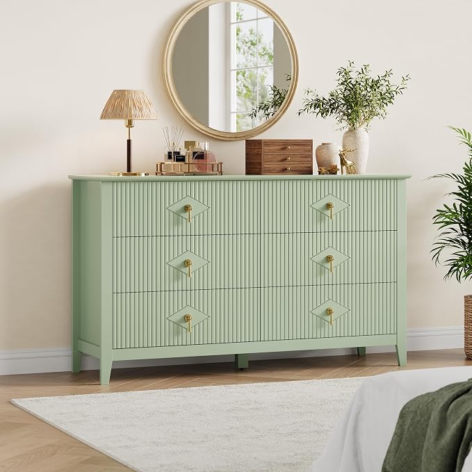 GarveeHome Fluted Dresser for Bedroom, 54 Inch Wide 6-Drawer Wood Dresser, Modern Chest of Drawers, Storage Organizer Cabinet for Living Room, Hallway, Entryway, Green