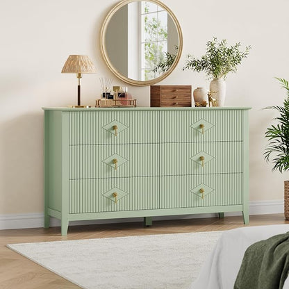 GarveeHome Fluted Dresser for Bedroom, 54 Inch Wide 6-Drawer Wood Dresser, Modern Chest of Drawers, Storage Organizer Cabinet for Living Room, Hallway, Entryway, Green