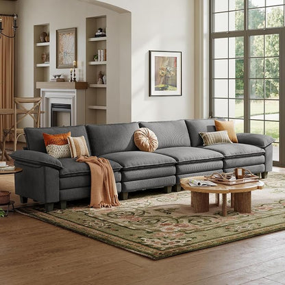 LINSY HOME 157'' Modular Sectional Sofa 4 Seat Couch Corduroy Cloud Couch with Deep Seat, Modern Cloud Couch for Living Room, Office, Bedroom, Grey