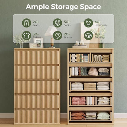 Jocoevol Fluted 6 Drawer Dresser for Bedroom, Modern Wood Chest of Drawers, Tall Storage Dresser with Deep Drawers, Handleless Floor-Standing Dresser for Bedroom, Living Room, Entryway, Natural Oak