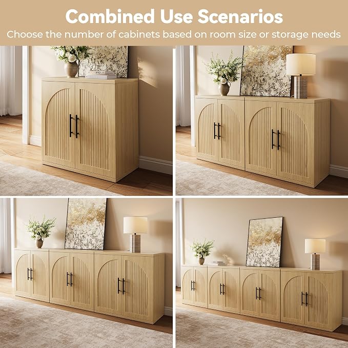 MapleGrace 31.5" Fluted Buffet Cabinet with Storage, Modern Symmetrical Arched Sideboard Credenza with Adjustable Shelf, Elegant Wood Console Table for Dining Room, Kitchen, Living Room(Oak)