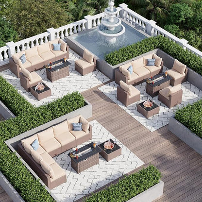 Aoxun 8 Piece Patio Furniture Set with 44” Fire Pit Table, Wicker Rattan Patio Sectional Sofa, Outdoor Furniture Set with Thickened Cushion, Brown