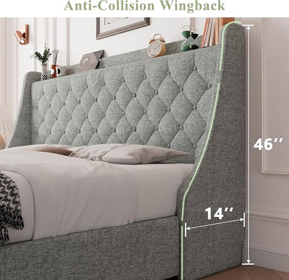 Feonase King Size Bed Frame with 4 Storage Drawers, Storage Bed with Charging Station, Tufted Wingback Headboard, No Box Spring Needed, Light Grey