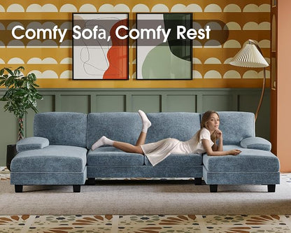 Furmax Sectional Couches for Living Room, U-Shaped Sofa Couch with Linen Fabric, 4 Seat Sofa Set with Double Chaise for Apartment (Chenille, Light Blue)