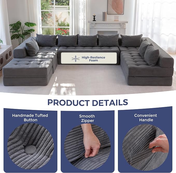 MAXYOYO Modular Sectional Sofa Couch, Foldable Oversized U Shaped Cloud Couch with Pillows, Tufted Boneless Lounger Floor Sofa Bed for Living Room, No Assembly Required, Dark Grey