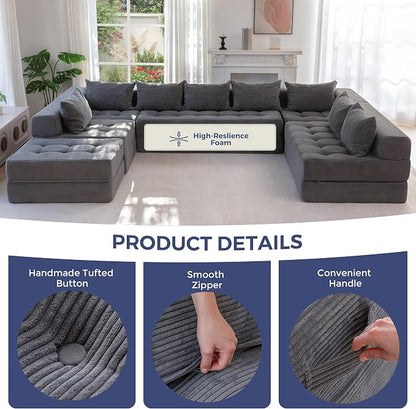 MAXYOYO Modular Sectional Sofa Couch, Foldable Oversized U Shaped Cloud Couch with Pillows, Tufted Boneless Lounger Floor Sofa Bed for Living Room, No Assembly Required, Dark Grey
