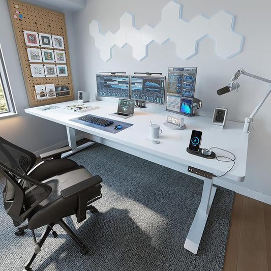 FEZIBO 71 x 37 Inch Standing Desk with Integrated Dual-Beam, Cable Management, 3 Memory Height Adjustable Computer Desk for Home Office Workstation, 1" Thick Large 3-Piece Desktop White