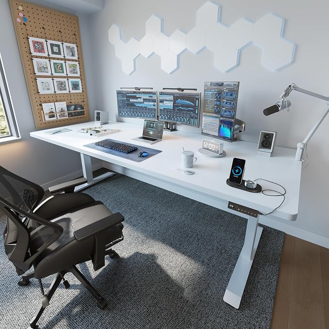 FEZIBO 83 x 37 Inch Standing Desk with Integrated Dual-Beam, Cable Management, 3 Memory Height Adjustable Computer Desk for Home Office Workstation, 1" Thick Large 3-Piece Desktop White