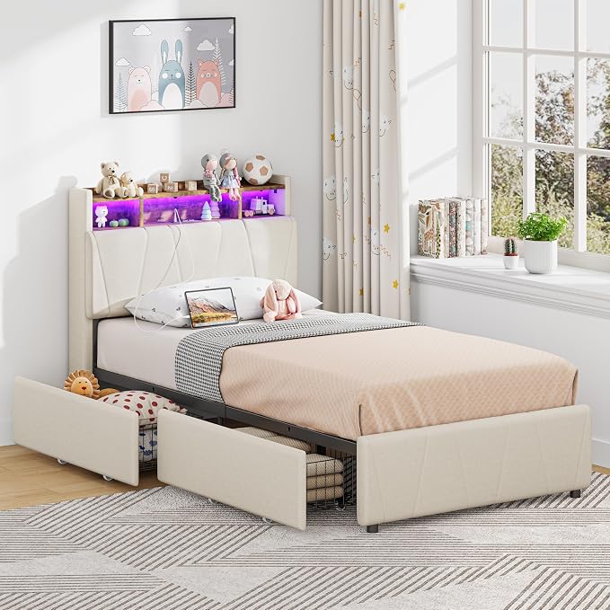 LIKIMIO Twin Bed Frame with 2 Storage Drawers, Charging Station & LED Lights, Upholstered Platform Twin Bed with Storage Headboard, Strong Wooden Slats, No Box Spring Needed, Easy Assembly, Beige