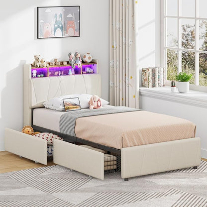 LIKIMIO Twin Bed Frame with 2 Storage Drawers, Charging Station & LED Lights, Upholstered Platform Twin Bed with Storage Headboard, Strong Wooden Slats, No Box Spring Needed, Easy Assembly, Beige