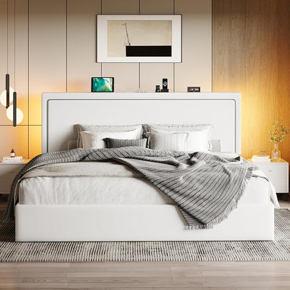 SHA CERLIN King Size Hydraulic Lift-Up Storage Platform Bed Frame with Charging Station, RGB LED Lights, Adjustable Velvet Headboard, USB-A and USB-C Ports, No Box Spring Needed, White
